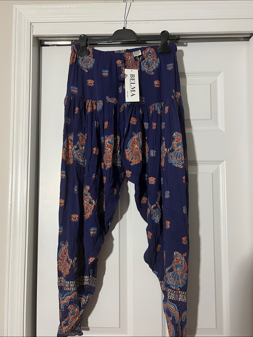Belma New York Navy Blue Boho Harem Pants with Orange Paisley Print
